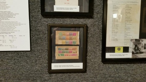Stamp collection hanging in the "Banking" exhibit